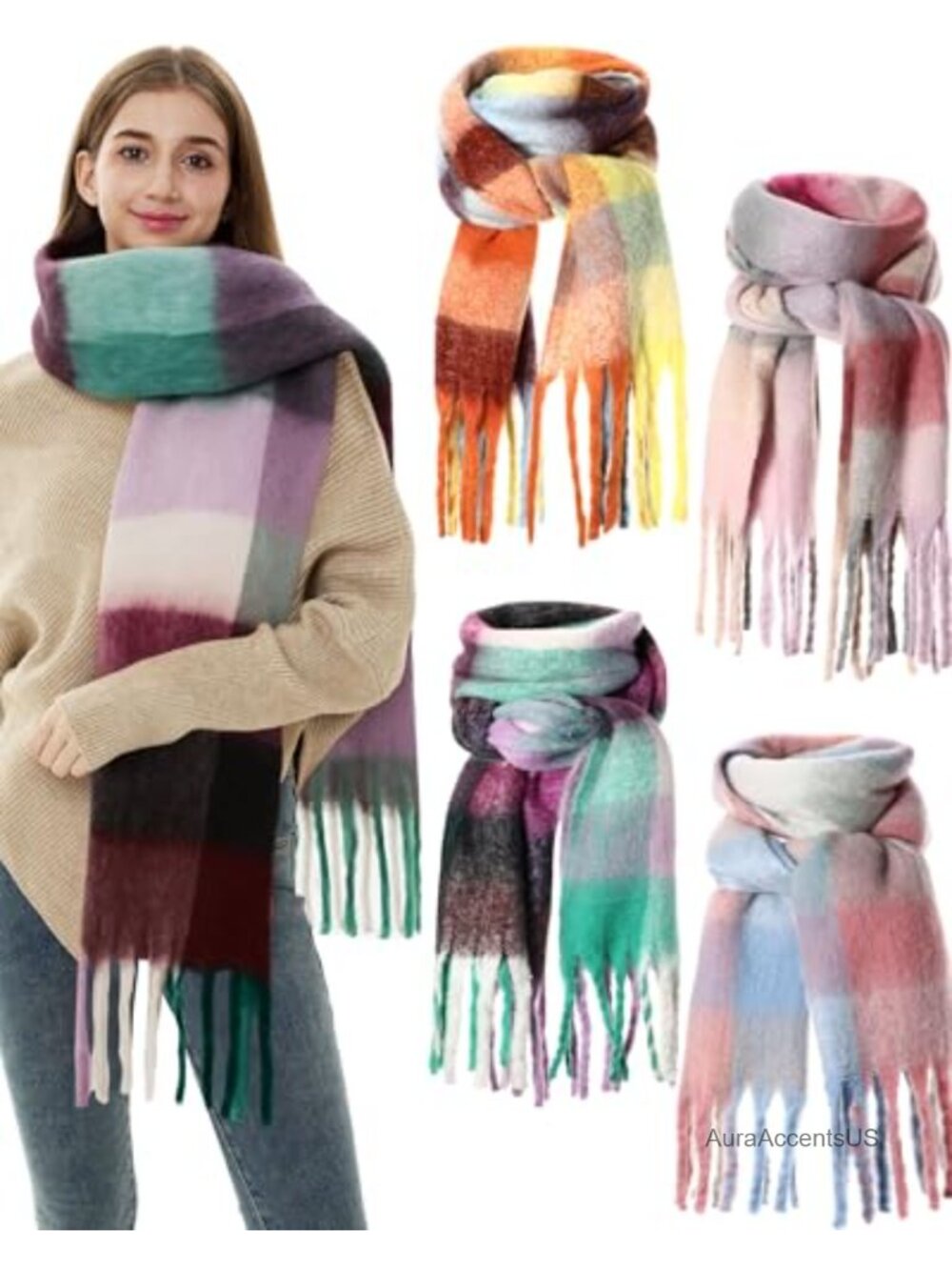 4-Pack Chunky Plaid Scarf Set Oversized Warm Shawl Wrap